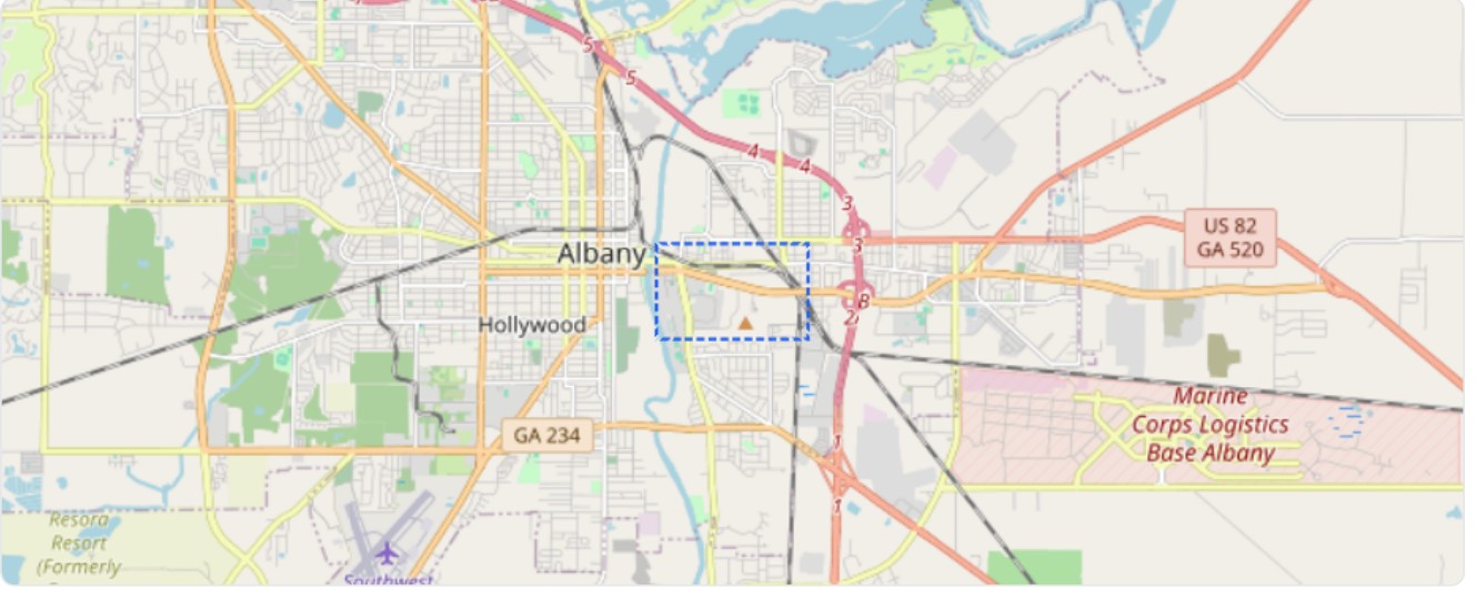 Regional context map showing the area of interest within Albany, with US-82 and GA-520 running east to the Marine Corps logistics base