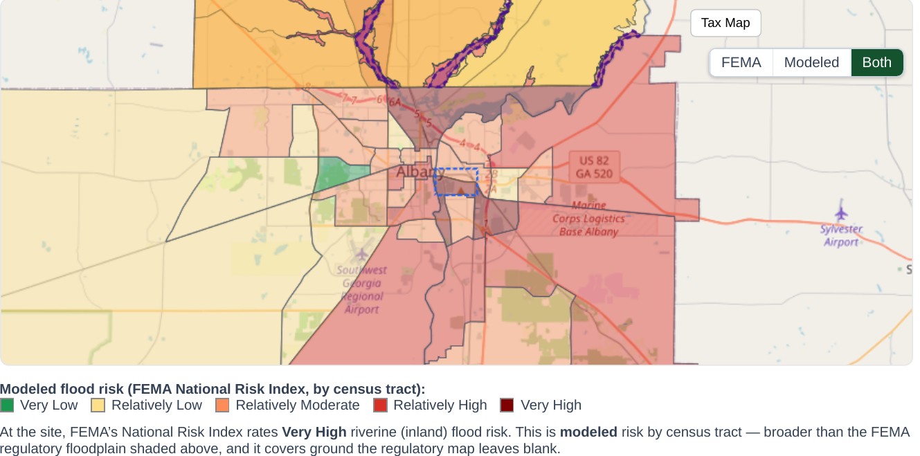 Flood map showing the area of interest against FEMA regulatory zones and the National Risk Index modeled flood risk by census tract