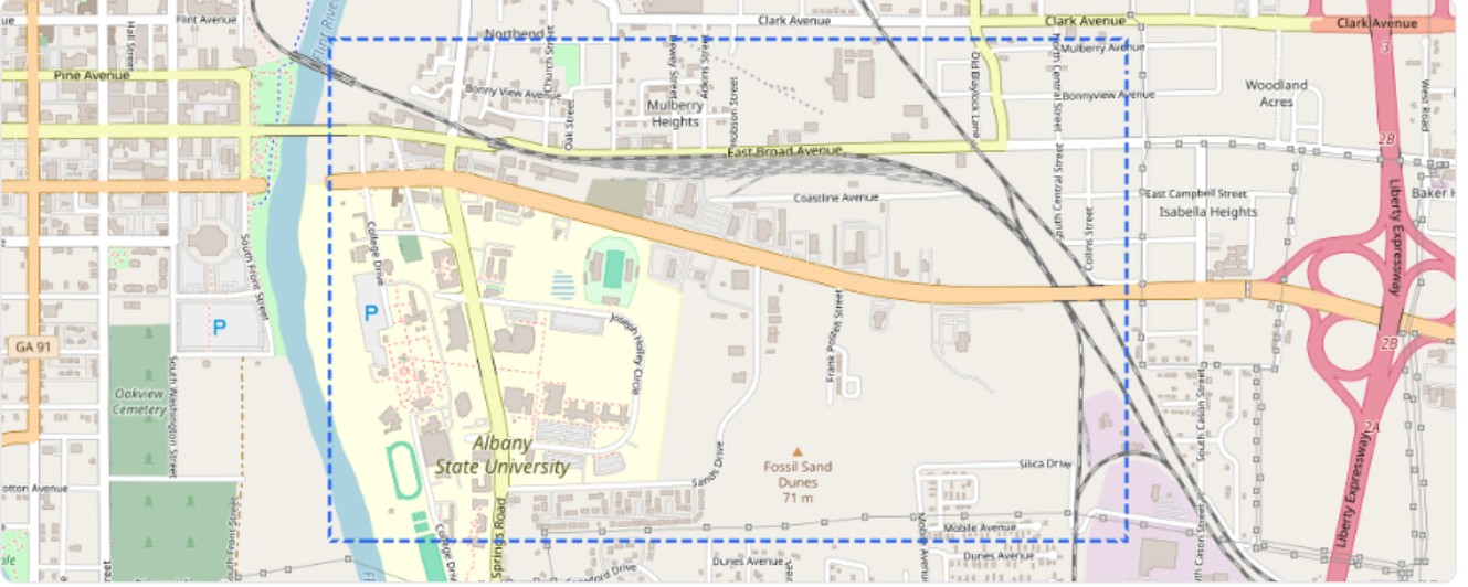 The East Yard area of interest outlined on the street map, with Albany State University at the west end and the Liberty Expressway interchange to the east