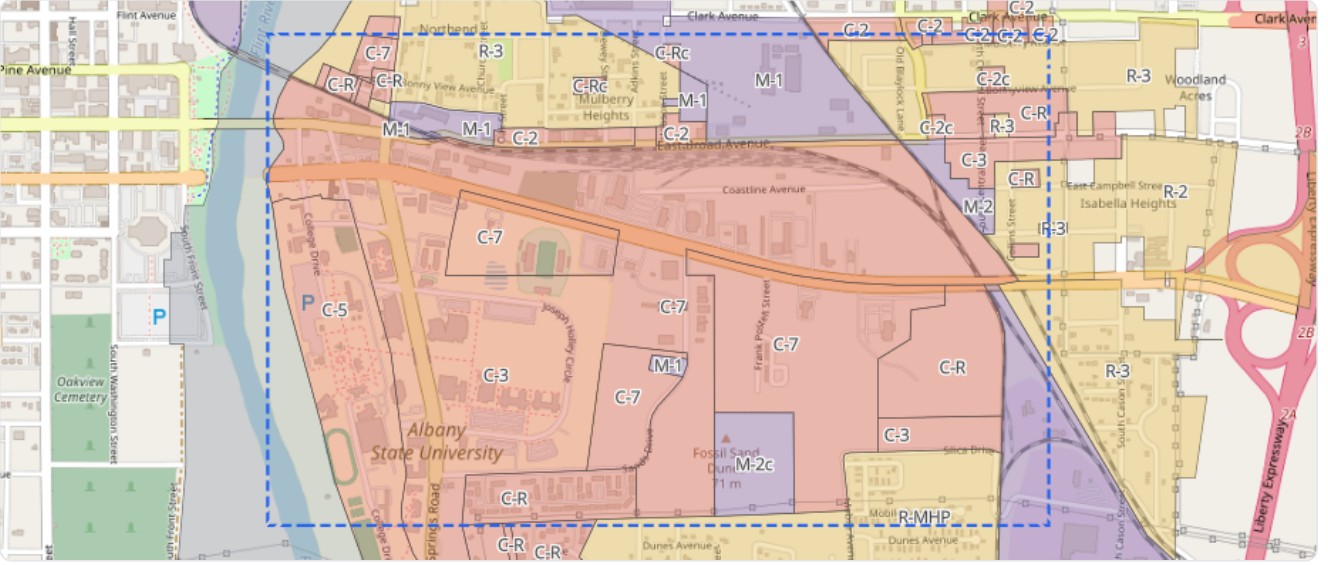 Zoning map of the area of interest with districts colored by code and the area of interest outlined